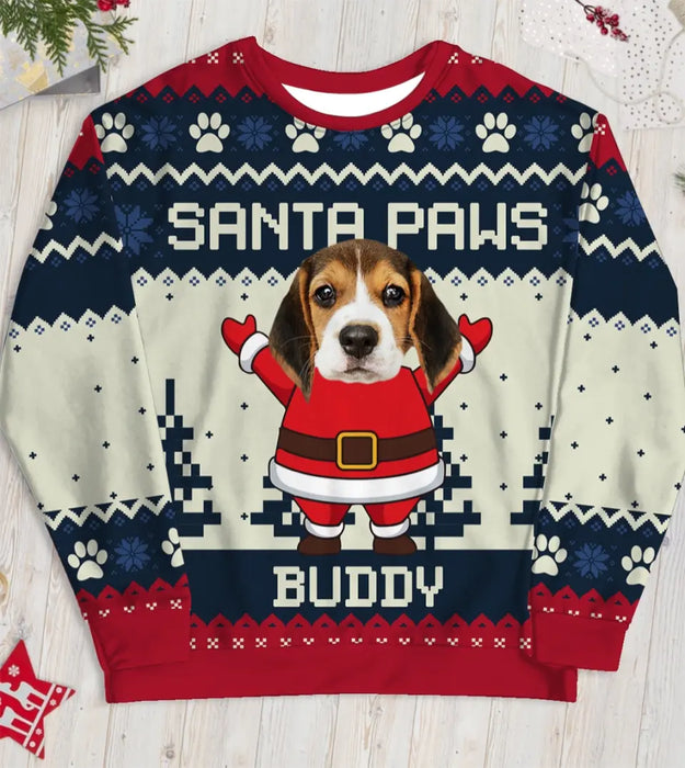 Santa Paws Personalized Photo Upload Custom Unisex Ugly Christmas Sweater, Christmas Gift For Pet Lovers