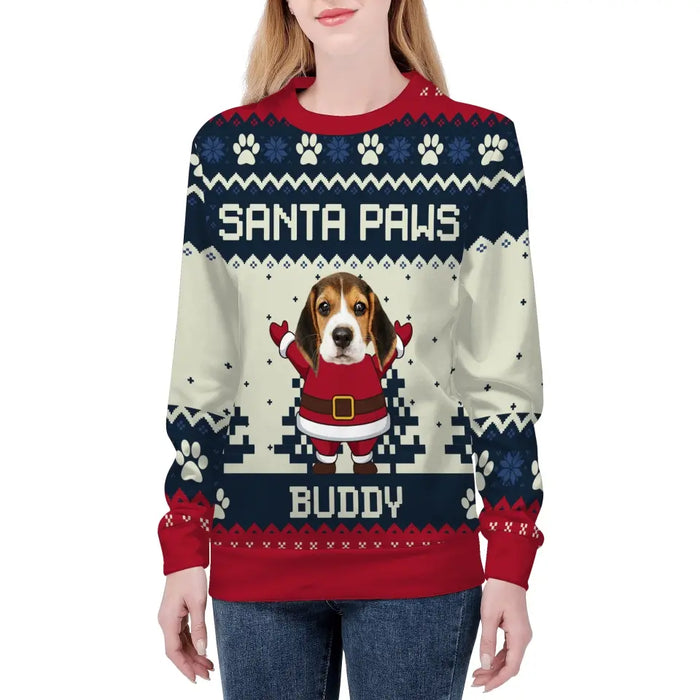 Santa Paws Personalized Photo Upload Custom Unisex Ugly Christmas Sweater, Christmas Gift For Pet Lovers