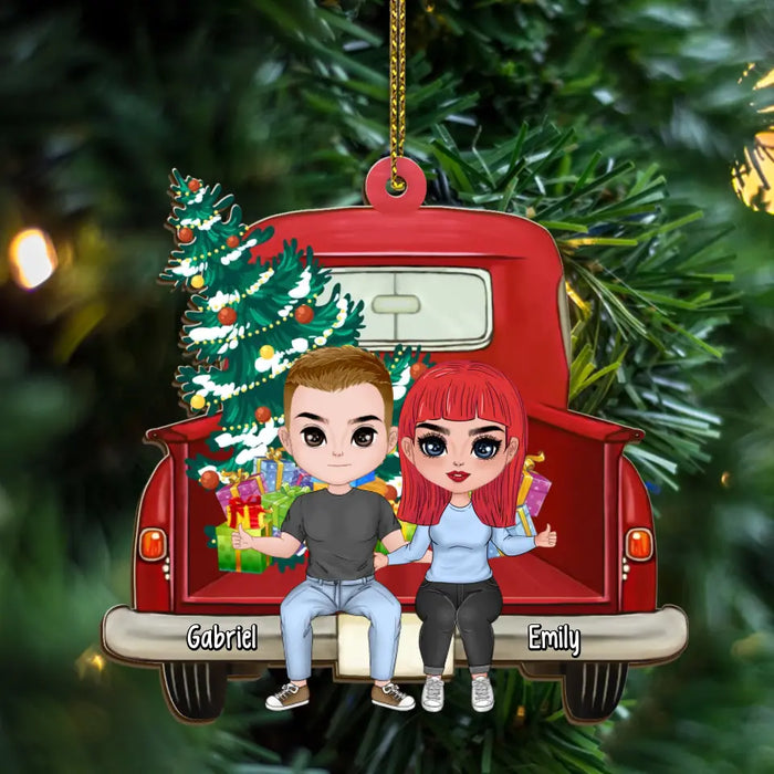 Couple In Red Truck - Personalized Christmas Gifts Custom Wooden Ornament For Couples