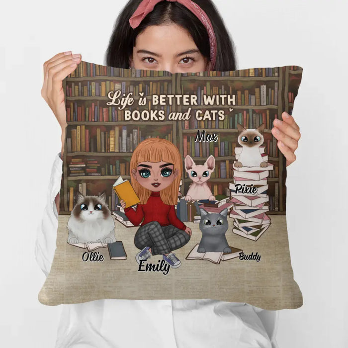 Life Is Better with Books and Cats - Personalized Gifts for Cat Custom Cat Mom Pillow