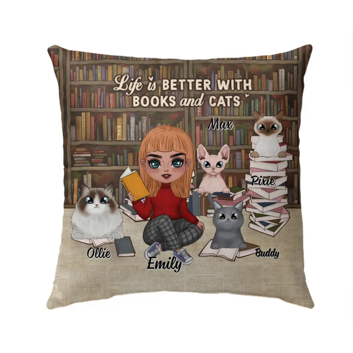 Life Is Better with Books and Cats - Personalized Gifts for Cat Custom Cat Mom Pillow