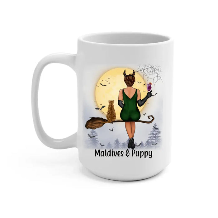 Personalized Mug, Witch And Cats Connected By Heart - Halloween Gift For Cat Lovers