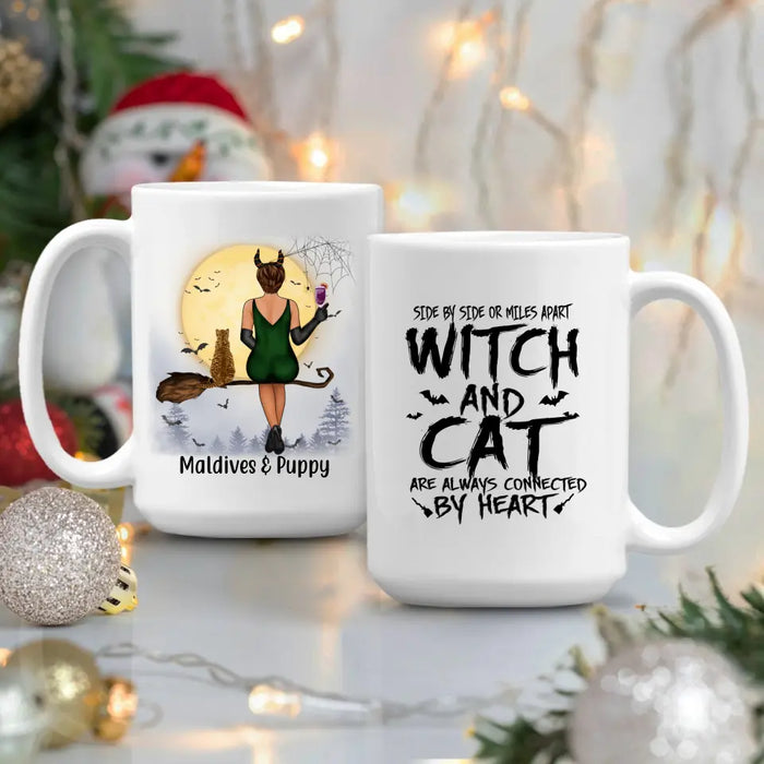 Personalized Mug, Witch And Cats Connected By Heart - Halloween Gift For Cat Lovers