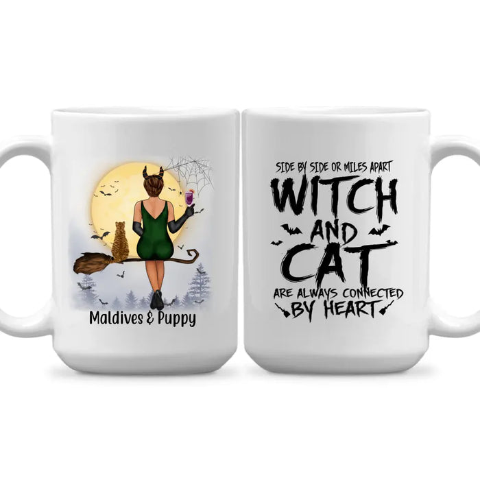 Personalized Mug, Witch And Cats Connected By Heart - Halloween Gift For Cat Lovers