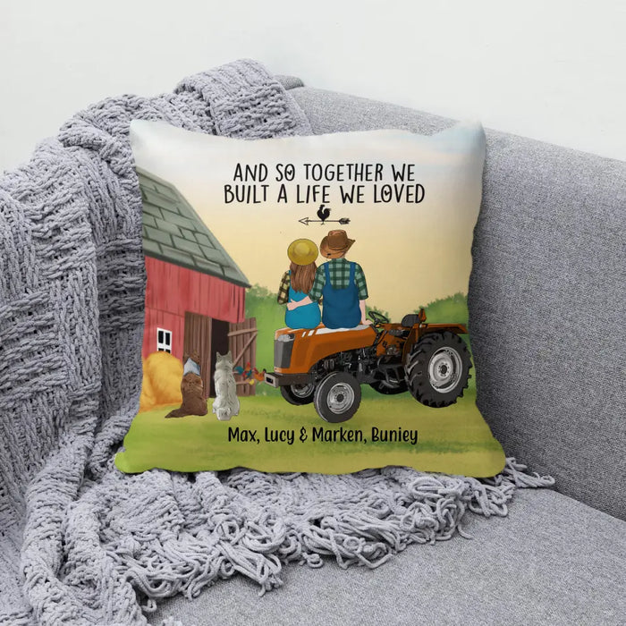 Personalized Pillow, Farming Couple On Tractor With Dogs, Gift For Farmers, Gift For Dog Lovers