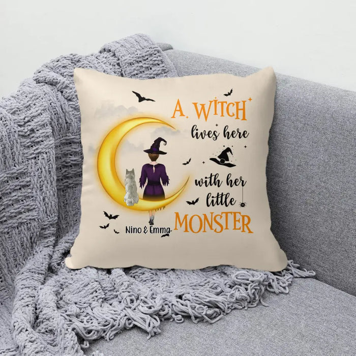 Personalized Pillow, A Witch Lives Here With Her Little Monsters - Halloween Gift, Gift For Dog Lovers, Cat Lovers