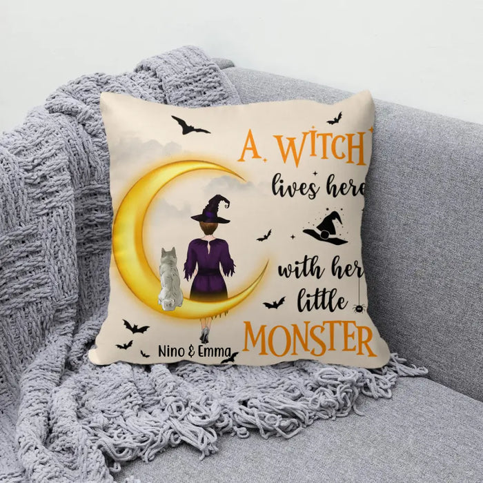 Personalized Pillow, A Witch Lives Here With Her Little Monsters - Halloween Gift, Gift For Dog Lovers, Cat Lovers