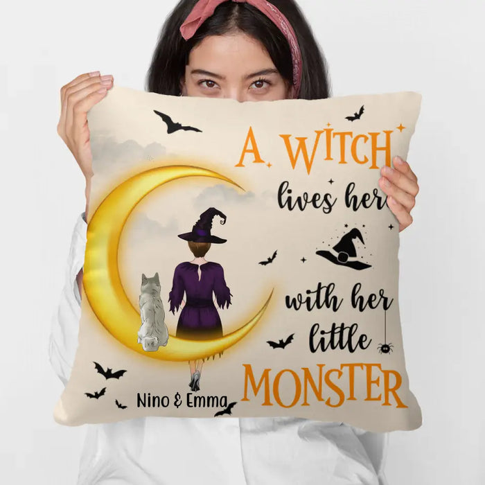 Personalized Pillow, A Witch Lives Here With Her Little Monsters - Halloween Gift, Gift For Dog Lovers, Cat Lovers