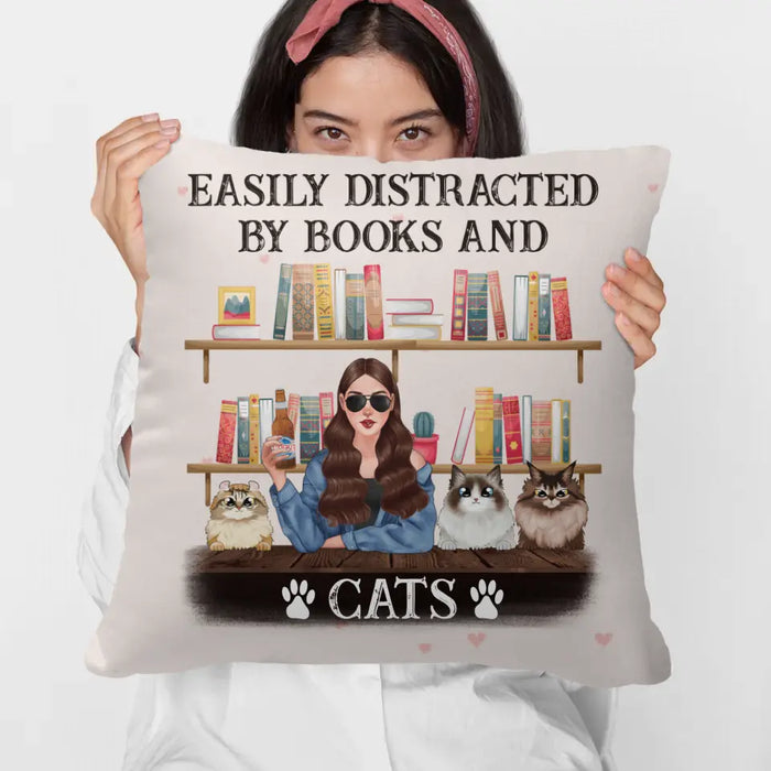 Personalized Pillow, Easily Distracted By Books And Cats, Gifts For Book Lovers, Cat Lovers