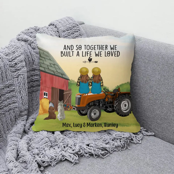 Personalized Pillow, Farming Sisters On Tractor With Dogs, Gift For Farmers, Gift For Dog Lovers