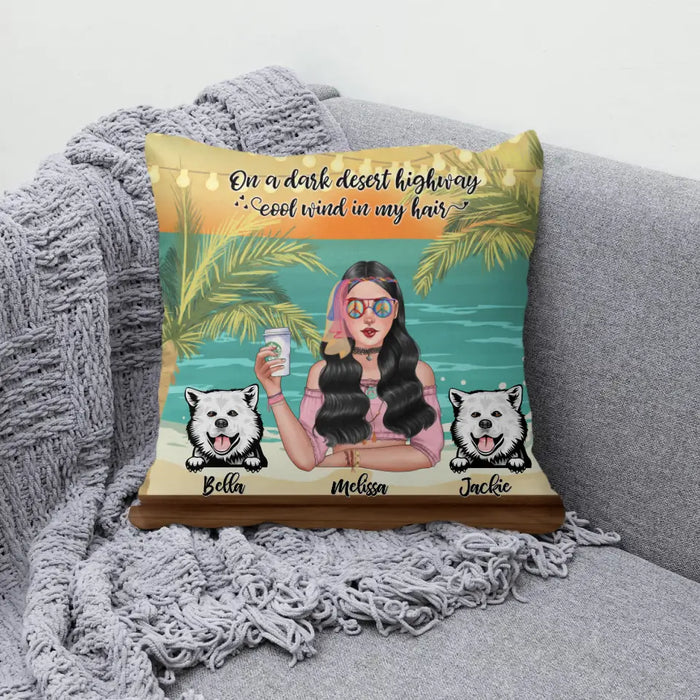 Personalized Pillow, Hippie Girl with Dogs On The Beach, Gifts For Hippie and Dog Lovers