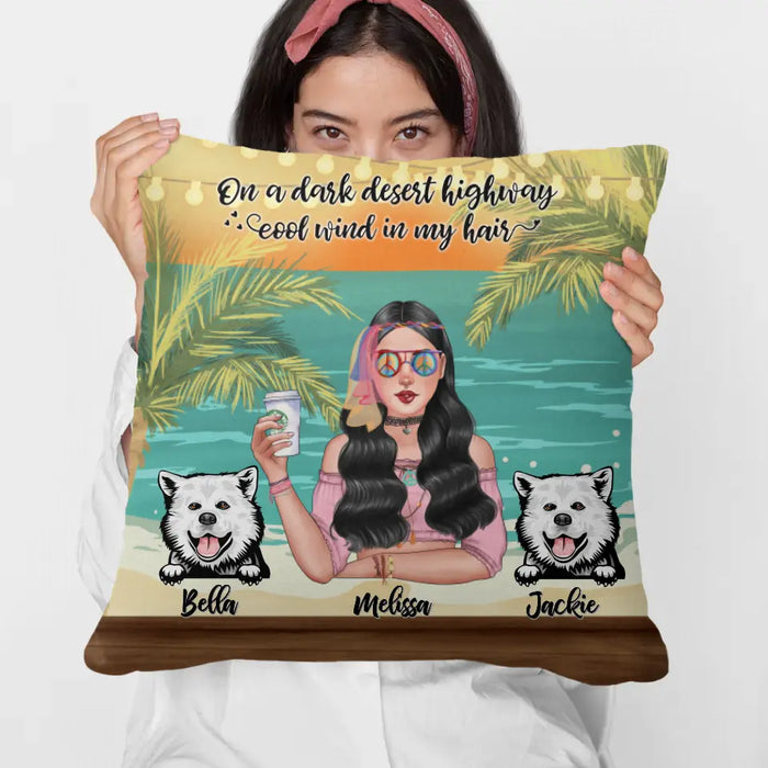 Personalized Pillow, Hippie Girl with Dogs On The Beach, Gifts For Hippie and Dog Lovers