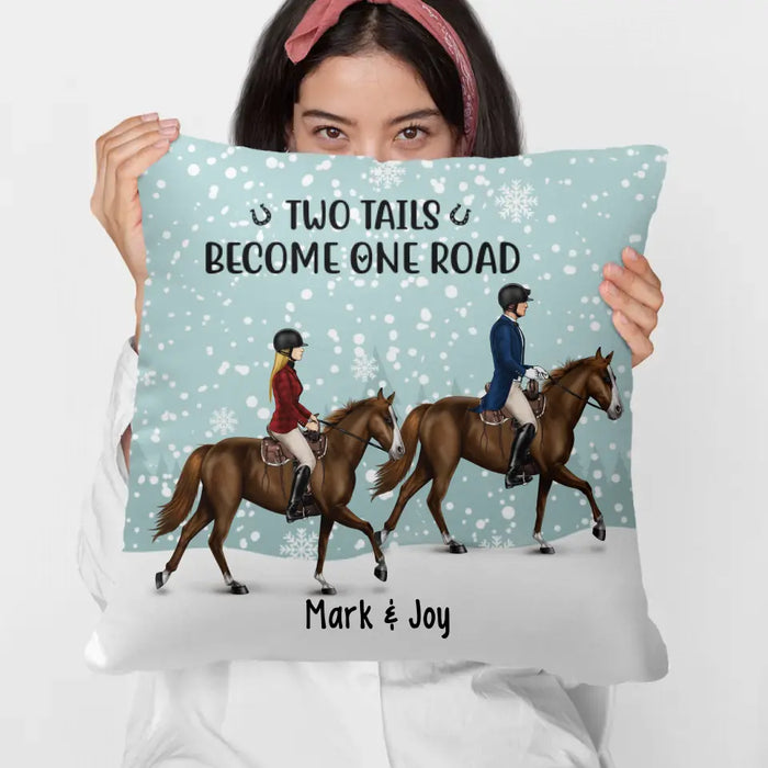 Personalized Pillow, Couple Riding Horse, Two Tails Become One Road, Gift For Couples, Horse Lovers