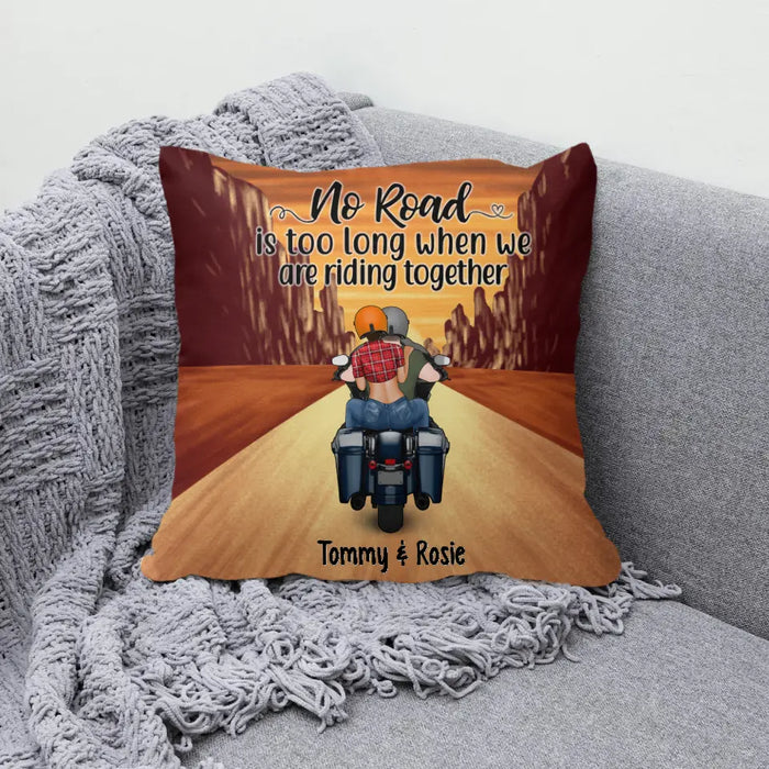 Personalized Pillow, Motorcycle Couple, No Road Is Too Long, Gift For Biker Couple, Motorcycle Lovers