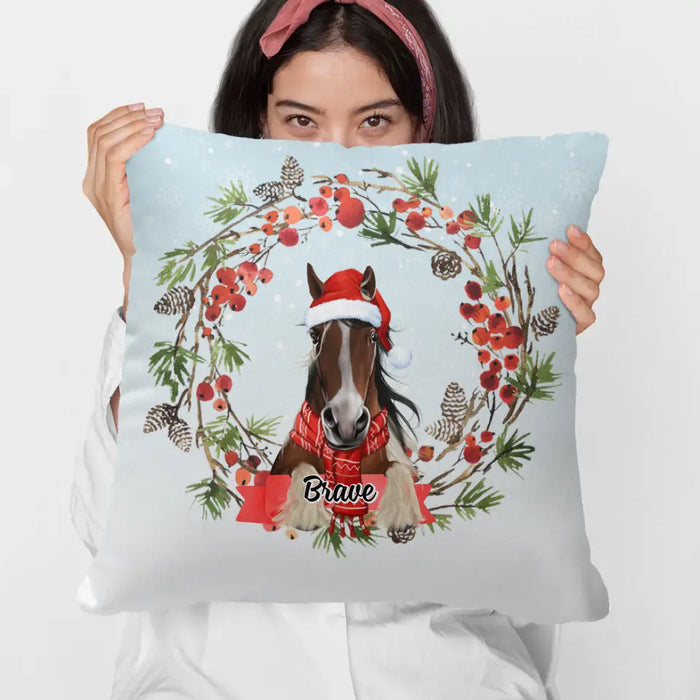 Personalized Pillow, Horse Wreath, Christmas Gift For Horse Lovers