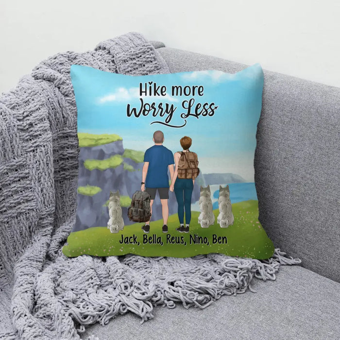 Personalized Pillow, Hiking Couple With Dogs, Gift For Hikers And Dog Lovers