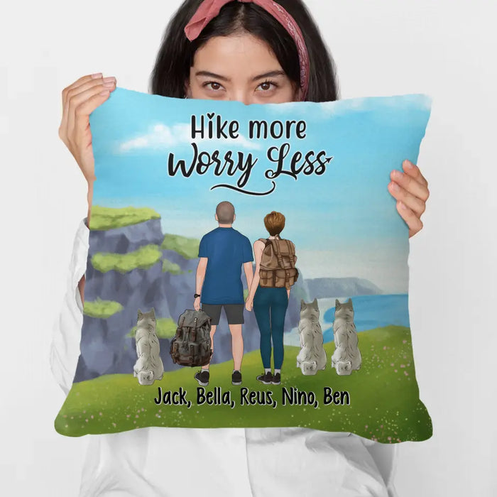 Personalized Pillow, Hiking Couple With Dogs, Gift For Hikers And Dog Lovers