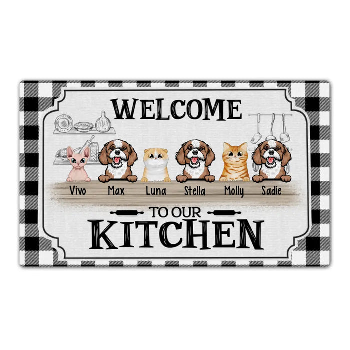 Personalized Doormat, Up To 6 Pets, Welcome To Our Kitchen, Gift For Dog Lovers, Cat Lovers And Cooking Lovers