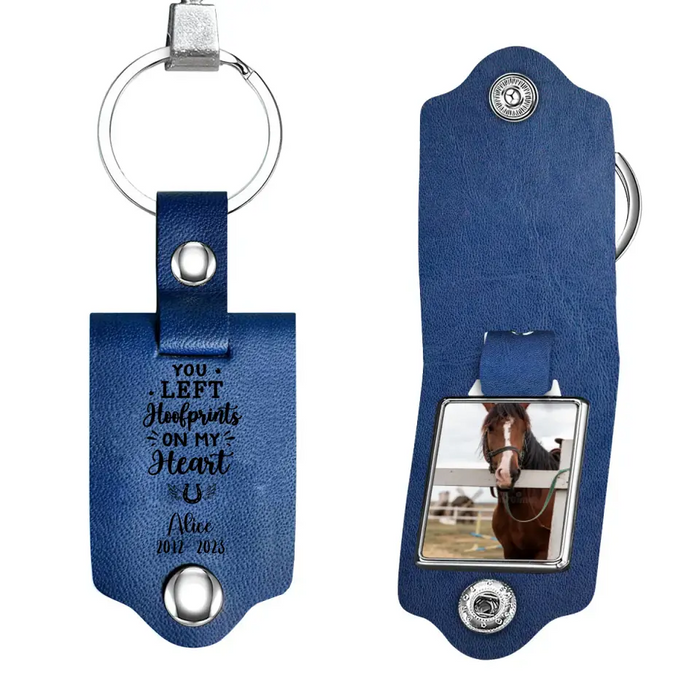 You Left Hoofprints On My Heart - Personalized Photo Upload Gifts Custom Leather Keychain, Horse Memorial Gifts