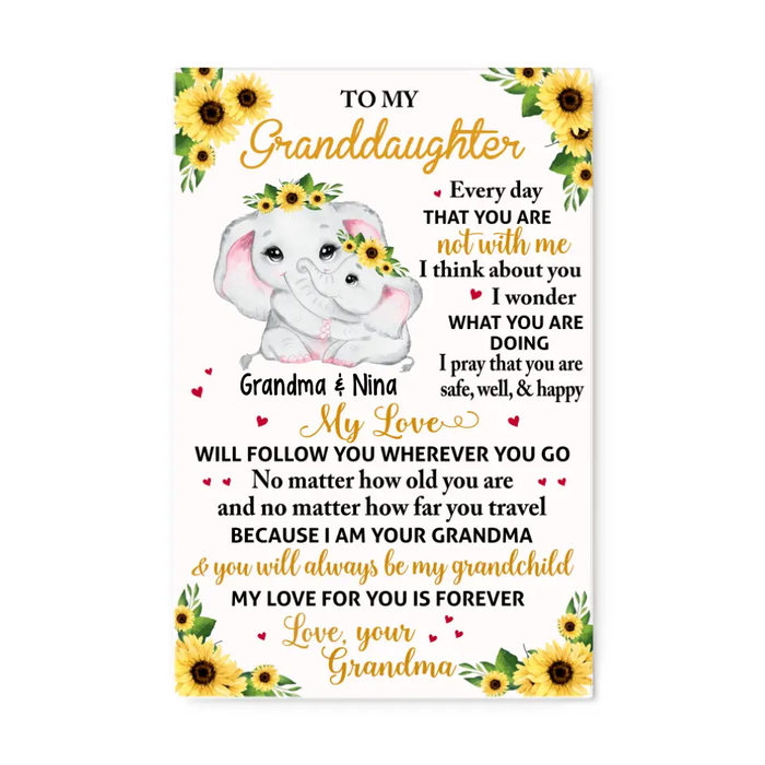 Personalized Portrait Canvas, To My Granddaughter, Floral Elephant Grandma And Granddaughter, Gift For Granddaughter