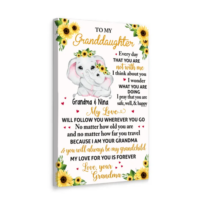 Personalized Portrait Canvas, To My Granddaughter, Floral Elephant Grandma And Granddaughter, Gift For Granddaughter