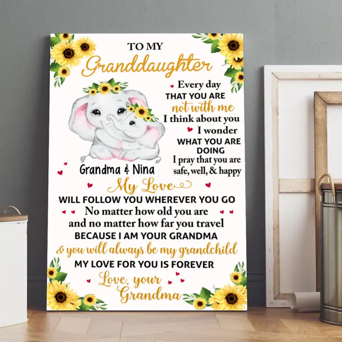 Personalized Portrait Canvas, To My Granddaughter, Floral Elephant Grandma And Granddaughter, Gift For Granddaughter