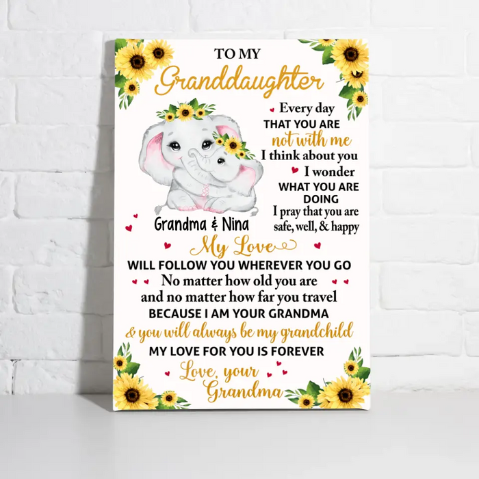 Personalized Portrait Canvas, To My Granddaughter, Floral Elephant Grandma And Granddaughter, Gift For Granddaughter