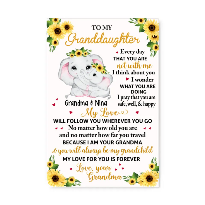 Personalized Portrait Canvas, To My Granddaughter, Floral Elephant Grandma And Granddaughter, Gift For Granddaughter