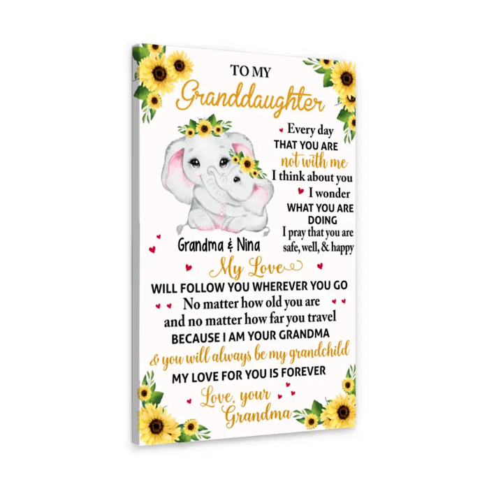 Personalized Portrait Canvas, To My Granddaughter, Floral Elephant Grandma And Granddaughter, Gift For Granddaughter