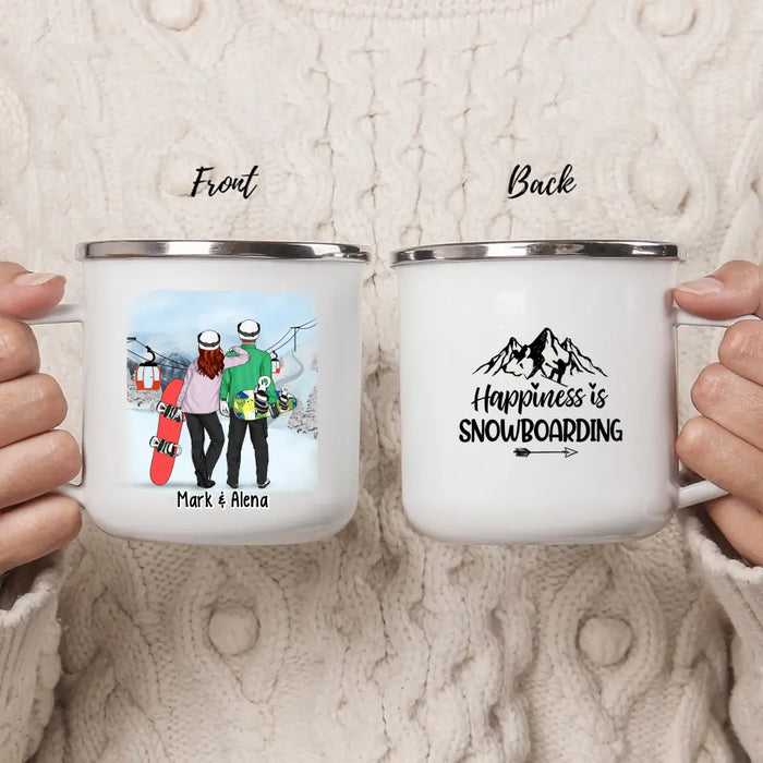 Personalized Campfire Mug, Snowboarding Couple and Friends, Gift for Snowboarding Lovers