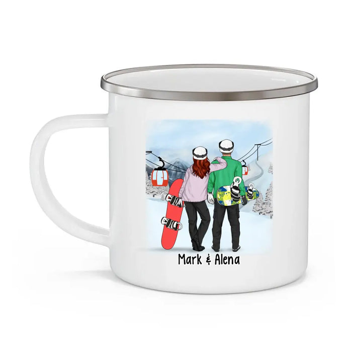 Personalized Campfire Mug, Snowboarding Couple and Friends, Gift for Snowboarding Lovers