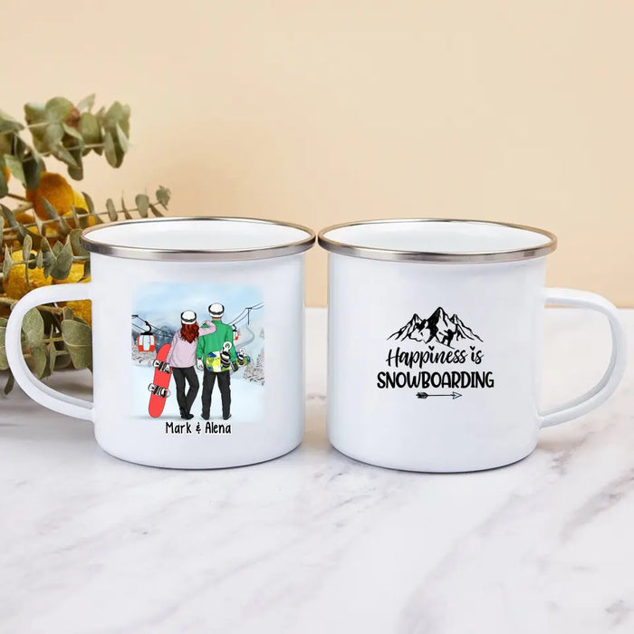 Personalized Campfire Mug, Snowboarding Couple and Friends, Gift for Snowboarding Lovers