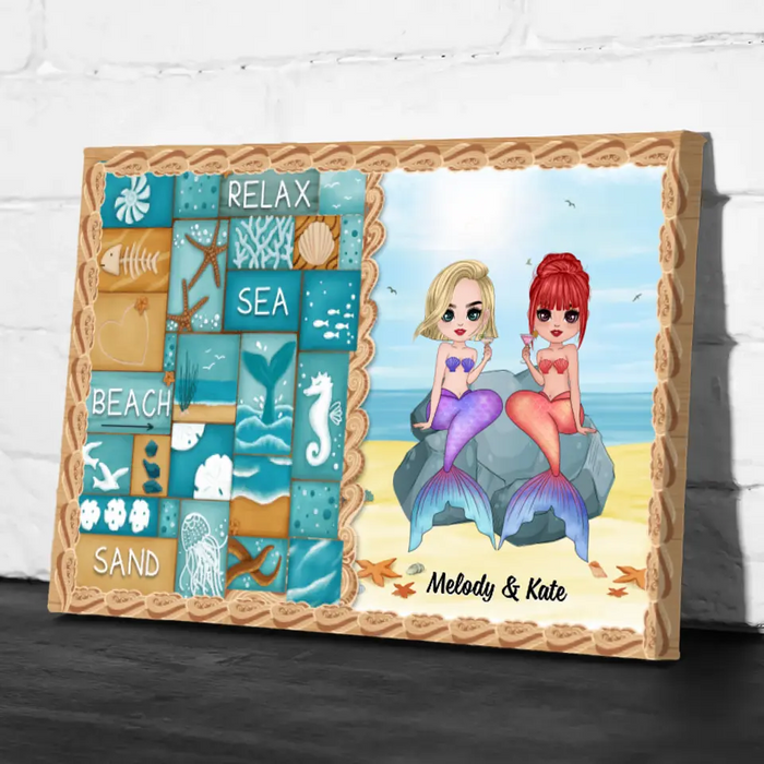 Up To 6 Chibi Relax Sea Beach Sand - Personalized Canvas For Her, Friends, Sister, Mermaid