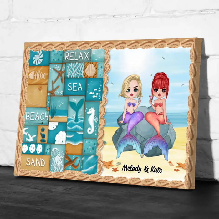 Up To 6 Chibi Relax Sea Beach Sand - Personalized Canvas For Her, Friends, Sister, Mermaid