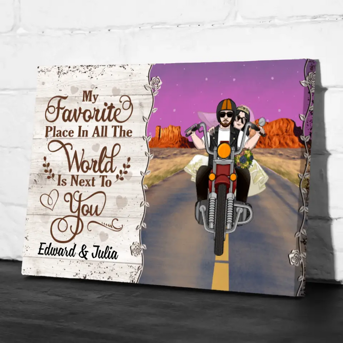 Personalized Canvas, My Favorite Place In All The World Is Next To You, Biker Couple, Gift For Motorcycle Fans