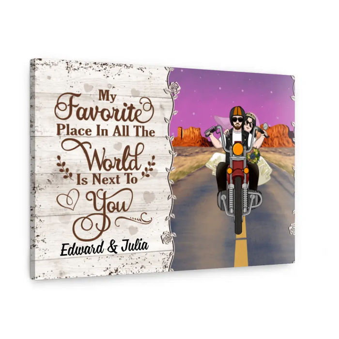 Personalized Canvas, My Favorite Place In All The World Is Next To You, Biker Couple, Gift For Motorcycle Fans