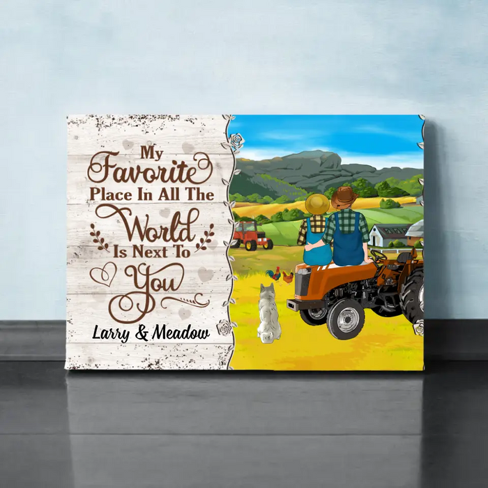 Personalized Canvas, My Favorite Place In All The World Is Next To You, Farming Couple Sitting On Tractor, Up To 3 Dogs, Gift For Farmers, Dog Lovers