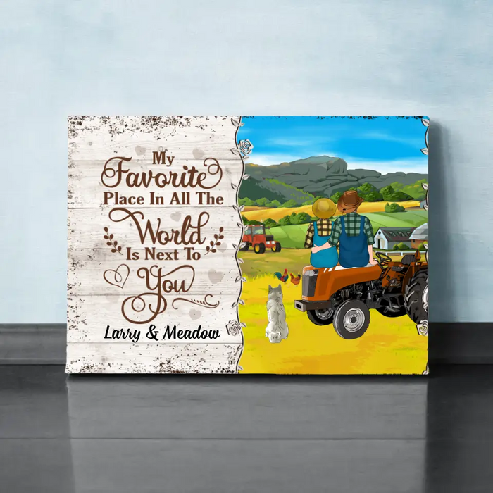 Personalized Canvas, My Favorite Place In All The World Is Next To You, Farming Couple Sitting On Tractor, Up To 3 Dogs, Gift For Farmers, Dog Lovers