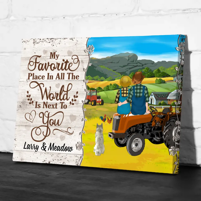 Personalized Canvas, My Favorite Place In All The World Is Next To You, Farming Couple Sitting On Tractor, Up To 3 Dogs, Gift For Farmers, Dog Lovers