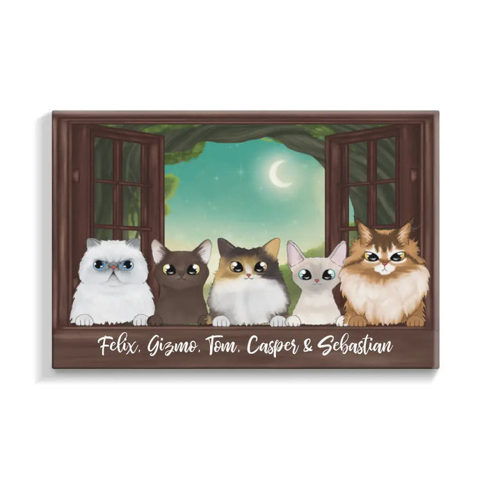 Personalized Landscape Canvas, Cats Peeking On Window, Up to 5 Cats, Gifts for Cat Lovers