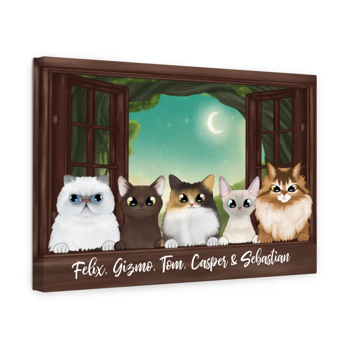 Personalized Landscape Canvas, Cats Peeking On Window, Up to 5 Cats, Gifts for Cat Lovers