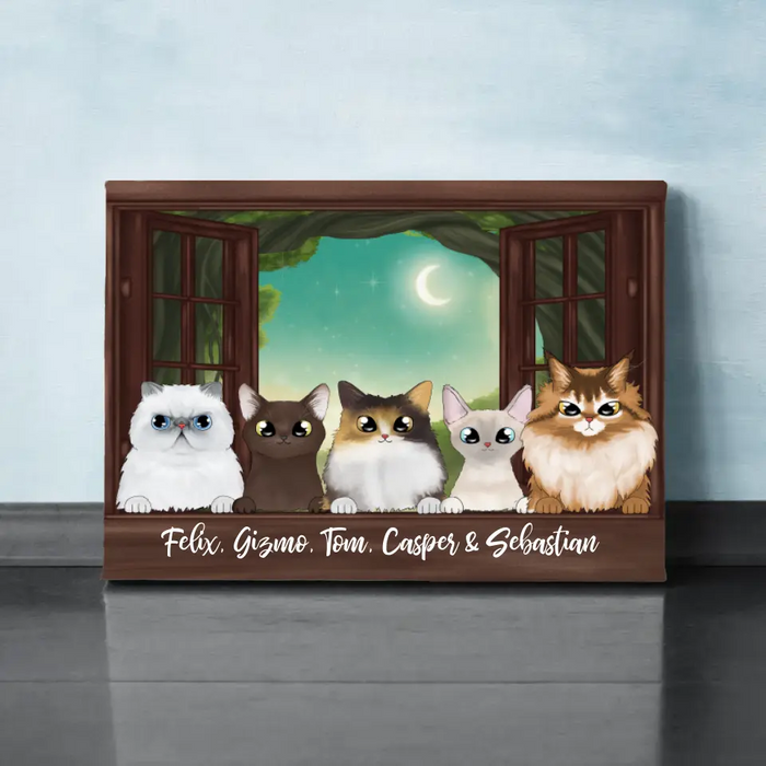 Personalized Landscape Canvas, Cats Peeking On Window, Up to 5 Cats, Gifts for Cat Lovers