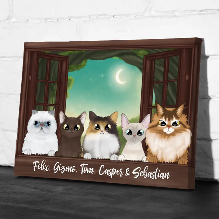 Personalized Landscape Canvas, Cats Peeking On Window, Up to 5 Cats, Gifts for Cat Lovers