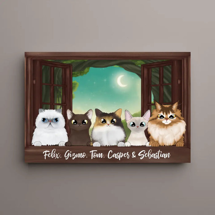 Personalized Landscape Canvas, Cats Peeking On Window, Up to 5 Cats, Gifts for Cat Lovers