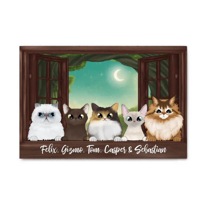 Personalized Landscape Canvas, Cats Peeking On Window, Up to 5 Cats, Gifts for Cat Lovers