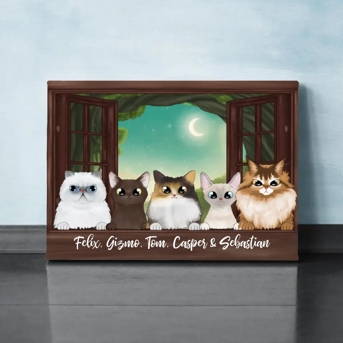 Personalized Landscape Canvas, Cats Peeking On Window, Up to 5 Cats, Gifts for Cat Lovers