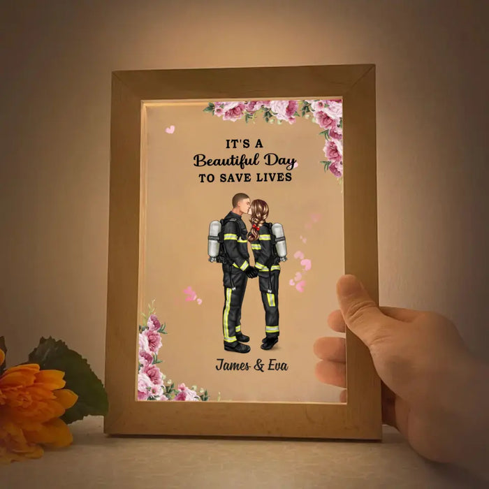 It's a Beautiful Day To Save Lives -  Personalized Gift Custom Photo Frame Lamp, Gift For Couples, Firefighter, EMS, Nurse, Police Officer, Military Couple Portrait