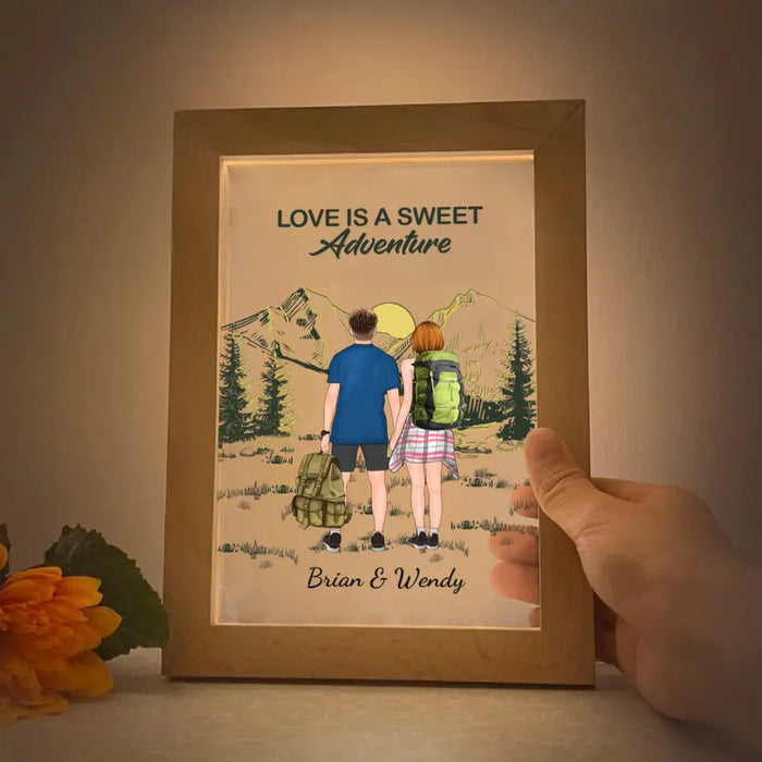 Love Is A Sweet Adventure - Personalized Gifts Custom Photo Frame Lamp for Couples, Hiking Lovers