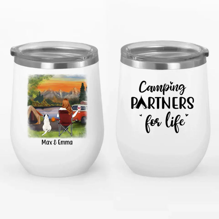 Personalized Wine Tumbler, Girl Camping With Dogs, Gift For Campers, Gift For Dog Lovers