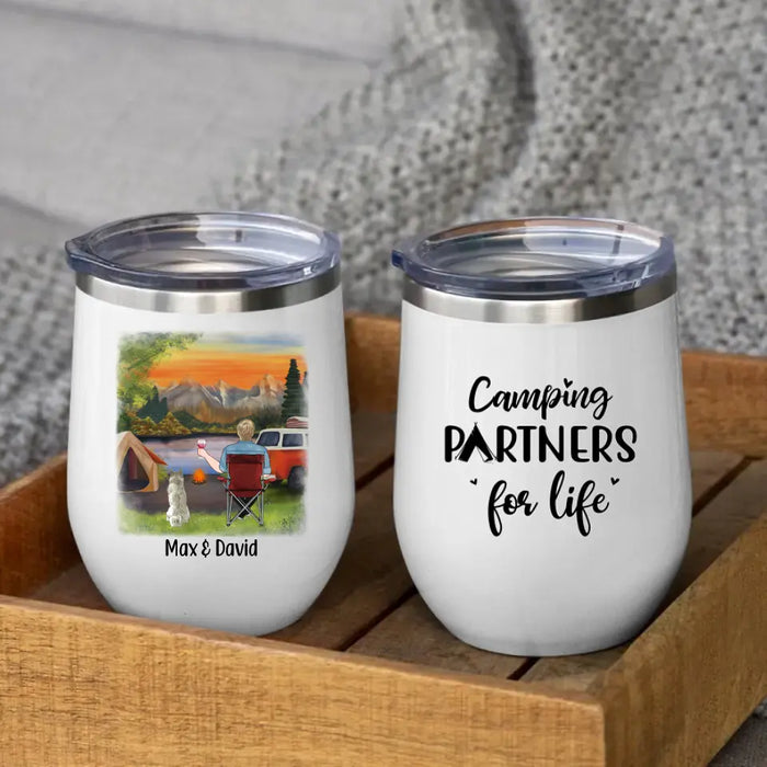 Personalized Wine Tumbler, Man Camping With Dogs, Gift For Campers, Gift For Dog Lovers